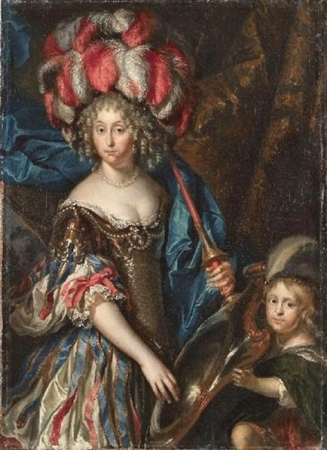 "Portrait of a lady, three-quarter length, dressed as an Amazonian with a young boy by her side standing before a curtain", Caspar Netscher