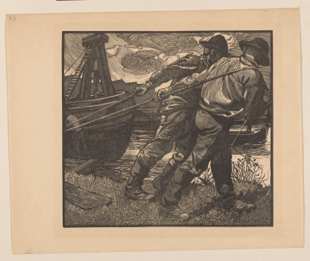 Arbeiders met touwen op oever, RP-P-1937-630, Johannes Josephus Aarts, between 1881 and 1934