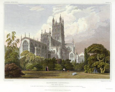 Gloucester Cathedral in 1828. engraved by J.LeKeux after a picture by W.H.Bartlett, John Le Keux, 1828