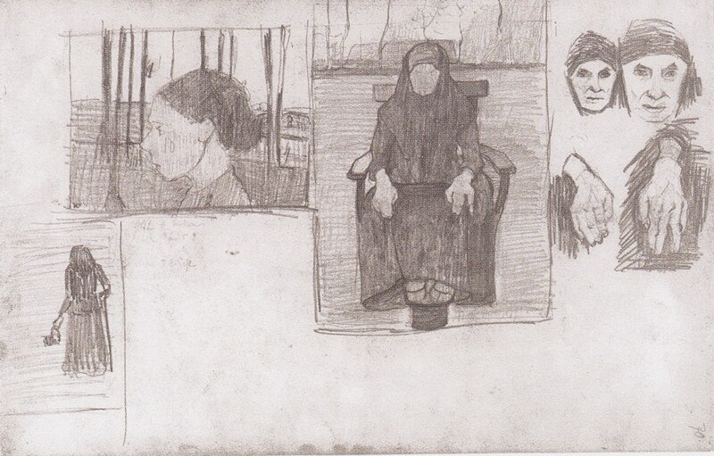 Sketch sheet with composition sketch for "Seated Old Woman", Paula Modersohn-Becker, 1898/99