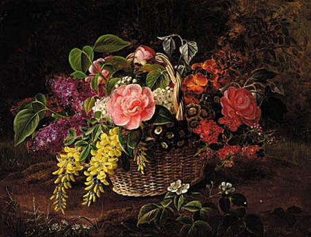 Roses, lilacs, golden chains and hawthorn in a basket on a trunk in a wood., Johan Laurentz Jensen, between 1818 and 1856