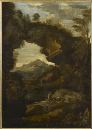 Landscape with a rock forming an arcade and three figures, Salvator Rosa, between 1650 and 1725