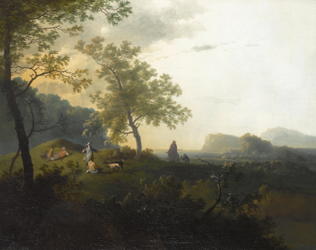 Italianate mountainous landscape with hunters resting, Adam Pynacker