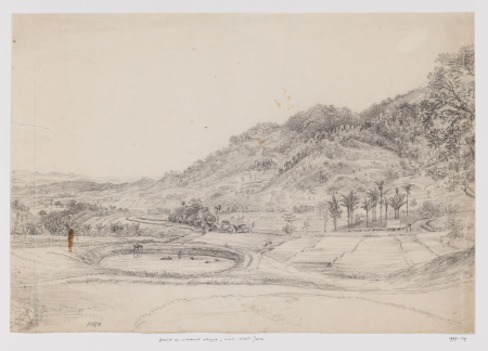 Landschap met dorp, vijver en rijstvelden, West-Java, RP-T-1999-139, Adrianus Johannes Bik, 1840