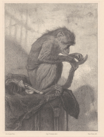 Vlooiende aap met revolver Entr'acte (titel op object) Sims rustuurtje, RP-P-1937-1509, August Allebé, between 1894 and 1937