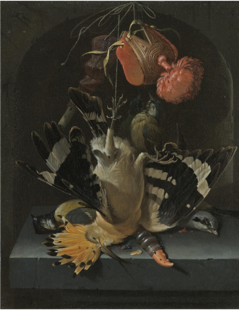 Still life with a hoopoe, a great tit, a falconry hood and a decoy whistle all arranged within a stone niche, Abraham Mignon, between 1670 and 1679