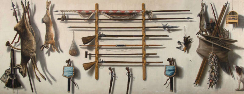 Trompe-l'oeil of an arms rack with a leading staff, a partizan, a matchlock musket, a longbow, a fowling piece with pistols, game bags, dead game and other instruments of the chase hanging on a wall, Jacob Biltius, 1665
