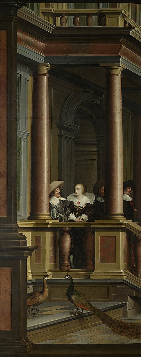 An outside staircase (left half of the representation). Part of a seven-part room painting., Dirck van Delen, between 1630 and 1632