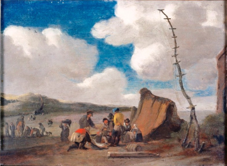 Beach scene with fishermen around a hut, Pieter de Valck, 1627
