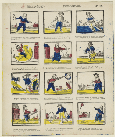 Ziet hier wat jonge knapen spelen, Hun oefening zal u niet vervelen Volgt jeugd in alles hun bedrijf, Maak, dat er 't misbruik buiten blijv (titel op object), RP-P-OB-203.843, Gerrit Oortman, between 1827 and 1894