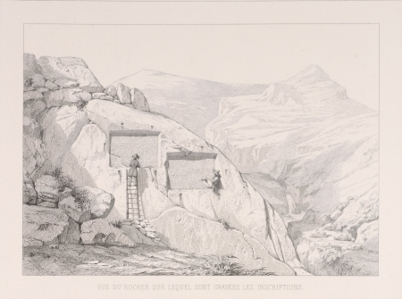 Hamadan. View of the rock on which the inscriptions are engraved; Hamadan District., 1851