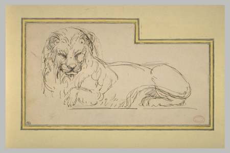 Delacroix - Lion couché, le corps vu de profil, la tête vue de face, RF 22964, Recto, Eugène Delacroix