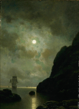 Sailing ship near some cliffs under a full moon., Georg Emil Libert, between 1838 and 1908