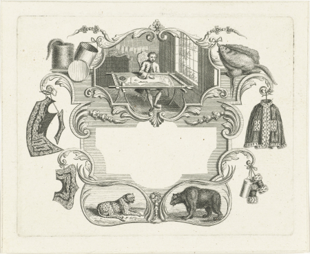 Vignet met kleermaker in cartouche, RP-P-BI-6958, Abraham Delfos, between 1741 and 1784