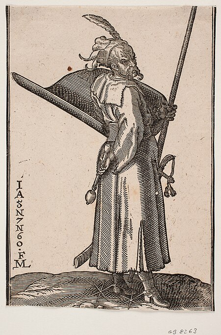 Standing soldier (akinci), profile to r.; in h. hand a club, in v. hand a lance whose apex is outside the upper framing line; on v. arm a shield with the inside turned upwards, at v. side a sword, Melchior Lorck, 1576