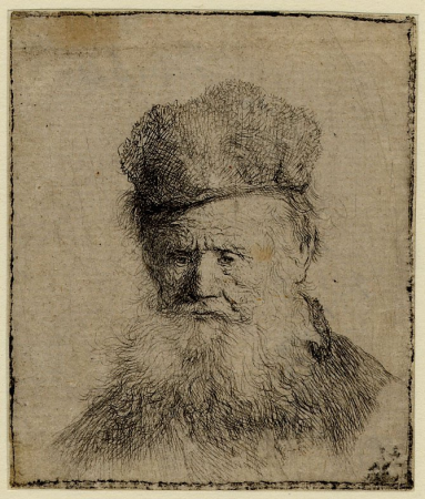 Bust of an Old Man with a Fur Cap and Flowing Beard, looking downward, Rembrandt, circa 1631