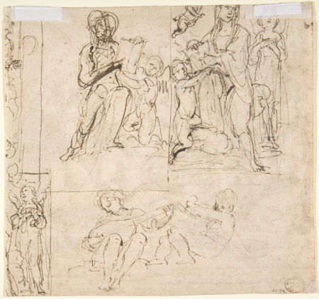 The Emperor Constantine Copronymous Burned by an Invisible Fire (recto); Studies of Sibyls and Angles (verso), Giovanni Baglione, circa 1599–1610