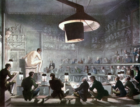 Microcosm of London Plate 001 - Drawing from Life at the Royal Academy (colour), Thomas Rowlandson, 1808
