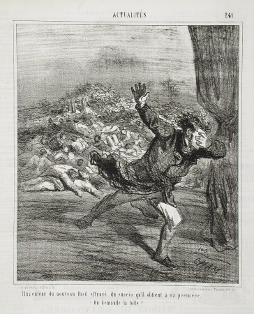 The inventor of the new rifle is frightened by the success he gets at his first one. -They want the canvas!, Amédée de Noé, 1867