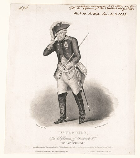 Mr. Placide, in the character of Frederick 2nd in "St. Patrick's Eve" - H. Heidemans del. ; on stone by Wm K. Hewitt. LCCN2017660411, 1837