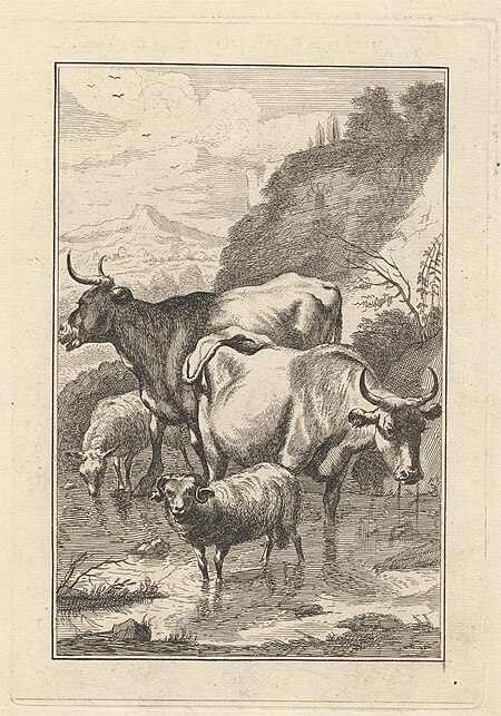 Two cows and two sheep in a stream, a Pl. for 'New Drawing Book...of Beasts in Various Actions' (1 of 9), George Bickham the Elder
