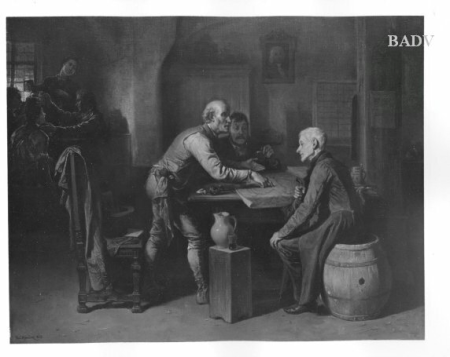 Men discussing over a map in a tap, Friedrich Friedländer, 1863