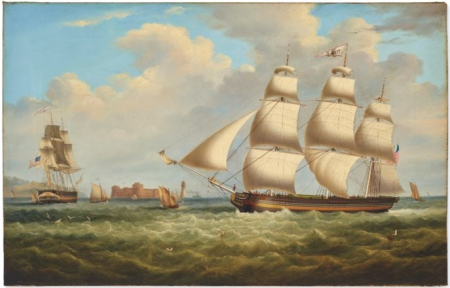 Depicting the ship Tiber of Boston in two positions off New Brighton, Samuel Walters, circa 1832