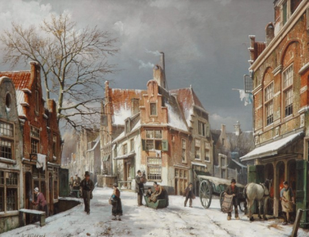 Winters Enkhuizen corner of Dike/Sint Jansstraat, Willem Koekkoek, circa 1880