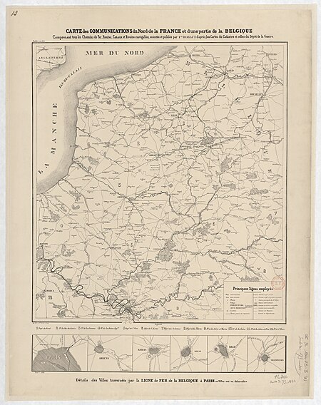 Map of communications in the North of France and part of Belgium including all railways, roads, canals and navigable rivers / executed and published F[éli]x Robaut, ..., Félix Robaut, 1843