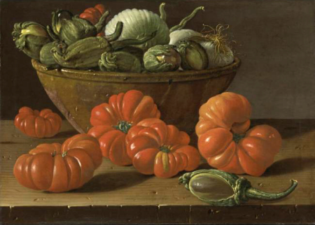 Still Life with Tomatoes a Bowl of Aubergines and Onions, Luis Egidio Meléndez, before 1780