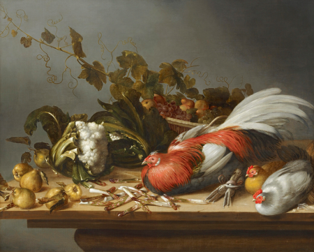 Still Life with Rooster and Chickens on a Table Top, Balthasar Huys, 1650