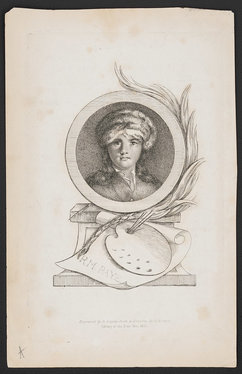 Maria Cosway, bust portrait, facing front, in medallion on pedestal with an artist's palate and brushes resting on paper labeled R.M. Paye) - engraved by R. Dagley from a painting by R.M. LCCN2016649765, Richard Morton Paye, 1832