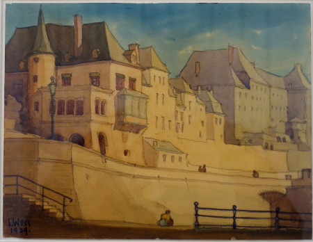 Vue sur le chemin de la Corniche (extrémité sud), by Sosthène Weis, 1939, aquarelle - Villa Vauban - Luxembourg City - DSC06388