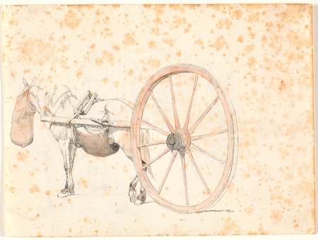 Well-crafted study of a cart horse with a tote bag, only the cart pole and a very large wheel are visible from the cart, Johan Lundbye, 1845