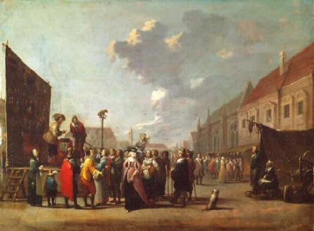 Wanderbühne mit Hanswurst, Norbert Grund, circa 1750