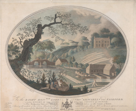 Plate X: Perspective View of a Bleach Green taken in the County of Downe, Shewing the methods of Wet & Dry Bleaching, and the outside View of a Bleach Mill, on the most approved construction, William Hincks, 1791