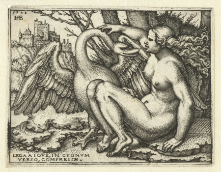 Leda en de zwaan Leda a Iove, in cygnvm verso, compressa (titel op object), RP-P-OB-10.825, 1548