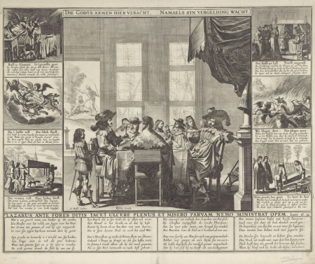 Lazarus en de rijke man Die Godts armen hier veracht, namaels syn vergelding wacht (titel op object), RP-P-1929-39, Pieter Nolpe, between 1623 and 1652