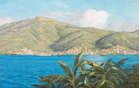 View from the Danish West Indies with ships and a town., Andreas Riis Carstensen, between 1862 and 1906