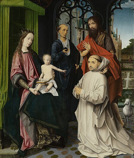 Virgin and Child Enthroned, with Saints Jerome and John the Baptist and a Carthusian Monk, Jan Provoost, 1510