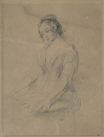 Portrait of a woman standing three-quarter left, holding a tray, Octave Tassaert, between 1840 and 1863