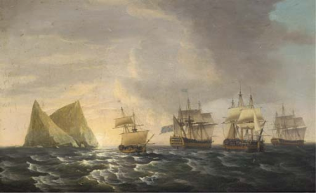 Admiral Pigot's return from the West Indies on board H.M.S. Formidable in the company of other Royal Naval warships including H.M.S. St. Albans and H.M. brig Swift, Dominic Serres, 1784