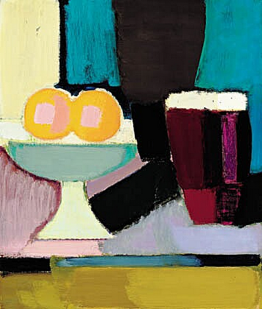 A white stand with two oranges and a dark lilac jar with white lid., Vilhelm Lundstrøm, between 1943 and 1944