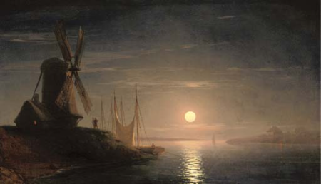 A windmill overlooking a moonlit bay, Ivan Aivazovsky, 1858