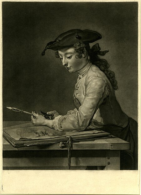 John Faber the Younger - Portrait of young man seen three-quarter length and sitting to left at table with portfolio, open at drawing of head, sharpening crayon, 1872,0113.897, Jean-Baptiste-Siméon Chardin