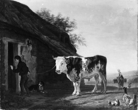 Bull with herdsman and dog in front of the stable, Max Joseph Wagenbauer, circa 1799