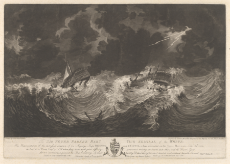 Representation of the distressed situation of his Majesty's Ships Hector and Bristol when dismasted in the Great Hurricane, Oct 6th 1780 - the Hector's Guns were thrown overboard to prevent the ship foundering RMG PY0731, Valentine Green, 30 April 1784