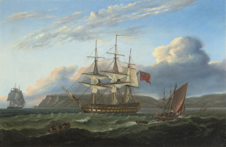 H.M.S. Bellerophon making sail out of Torbay with the defeated Emperor Napoleon aboard, 26th July 1815, Thomas Luny, 1827