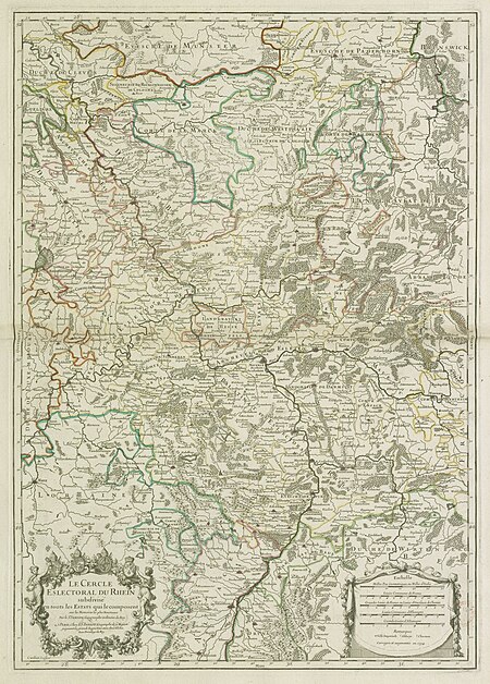 The Electoral Circle of the Rhine subdivided into all the Estates which compose it, on the most recent Memoirs: Corrected and augmented in 1734 / by Mr. Sanson; Cordier Sculpsit