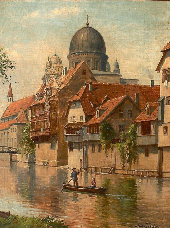 View from Nuremberg with people in a boat., August Fischer, between 1872 and 1921